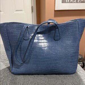 Blue Faux Crocodile-Embossed Tote Bag